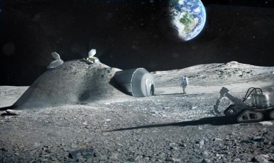 An artist's rendering of a lunar base, showing a humanoid figure walking toward a mound with a door on the outside. 