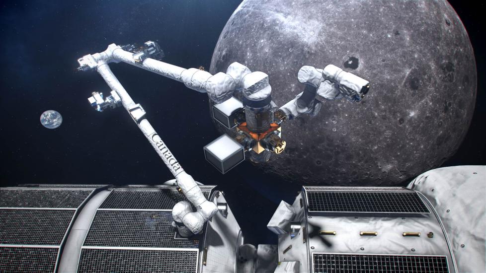 A concept rendering of a robotic arm attached to a part of a space station in space. The Moon is visible in the background.