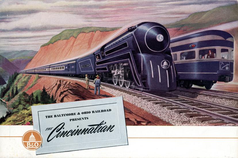 Artwork featuring two trains with text that reads "The Baltimore and Ohio Railroad Present: The Cincinnatian"