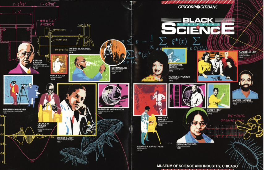 A poster with text that reads "Black Achievers in Science" and has photos of various people.