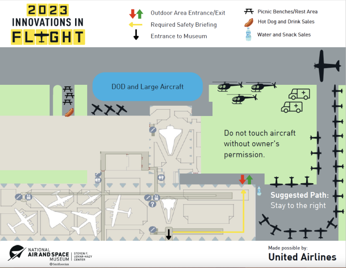 Map for the Innovations in Flight event that indicates where the aircraft will be and how to get around the museum 