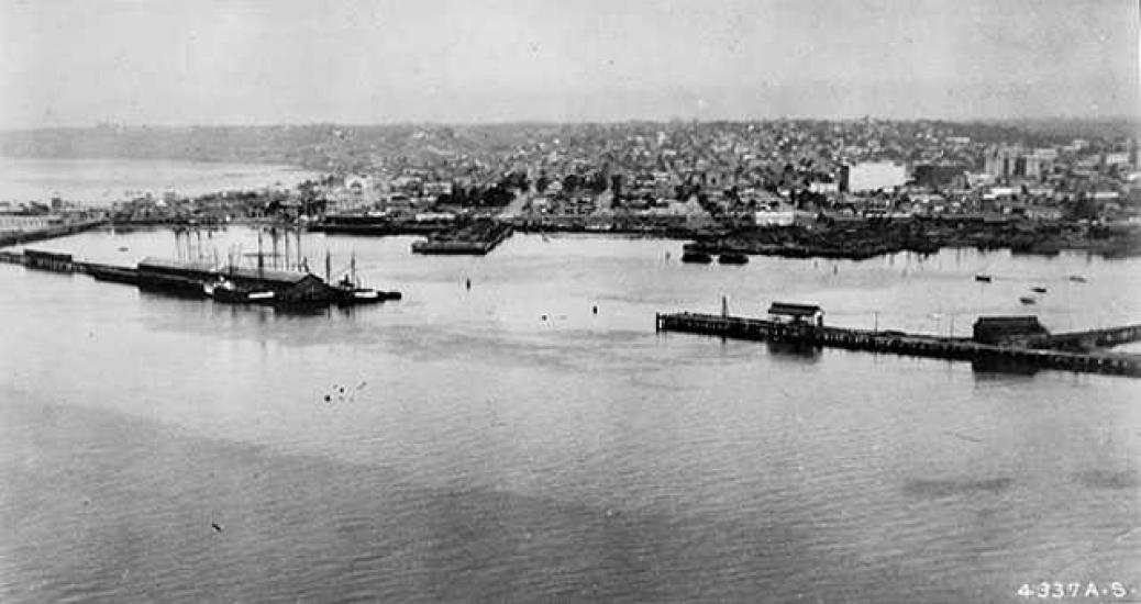 An aerial photograph of a harbor.