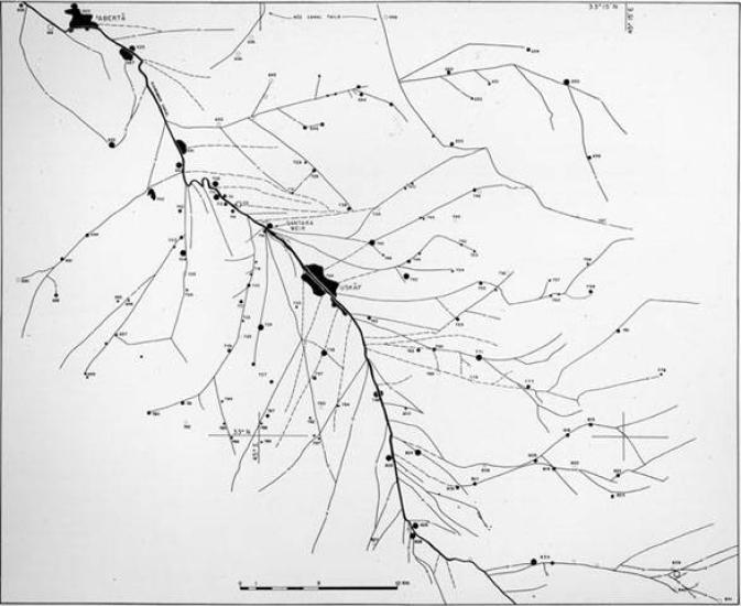 A map that shows the canal systems of ancient Diyala. The map as a central line cutting from the top to the bottom of the map, left to right, with smaller lines streaking out from both sides.