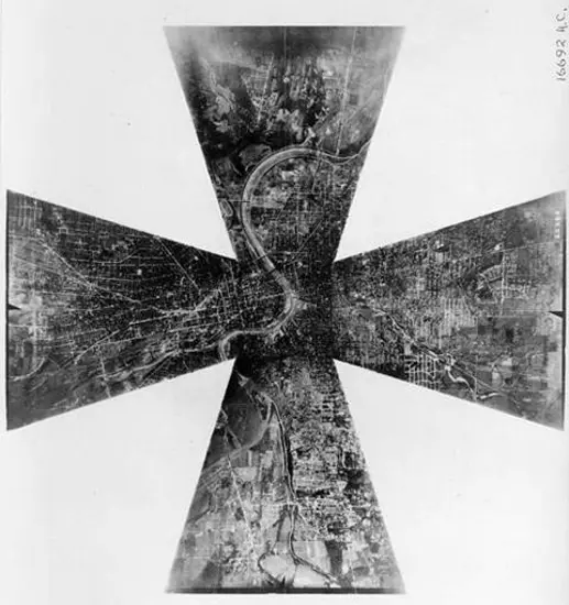 One vertical and four oblique images stitched together in a cross shape.