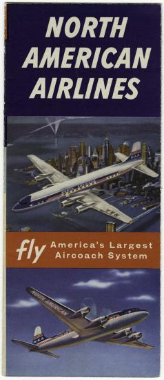 Cover of a brochure for North American Airlines. Top drawing is of a left-facing aircraft over a city and the bottom drawing is of a right-facing aircraft against the sky.