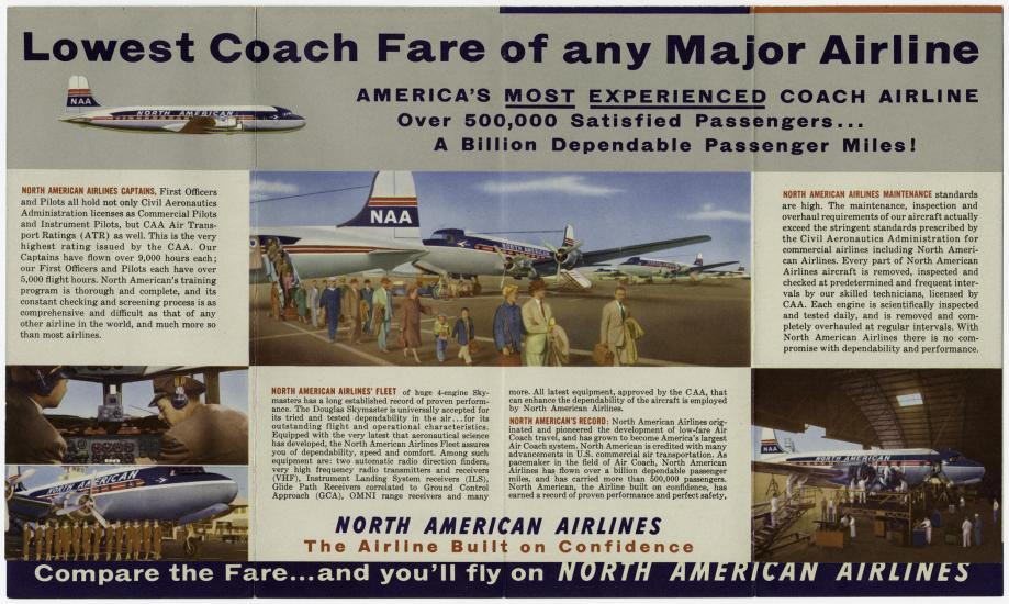 Brochure page with several drawings of North American Airlines aircraft and passengers