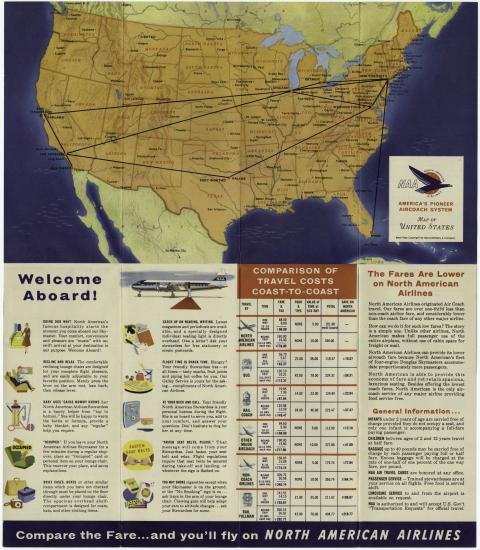 Brochure page. Top image is a map of the United States. Bottom contains text including comparison of the costs of coast to coast travel.