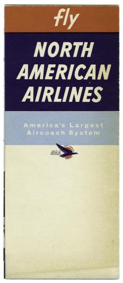 Back cover of a brochure with red, navy, blue, and white horizontal stripes, reading "Fly North American Airlines."