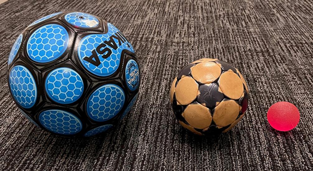 One large soccer ball and one smaller soccer ball sit side by side. 