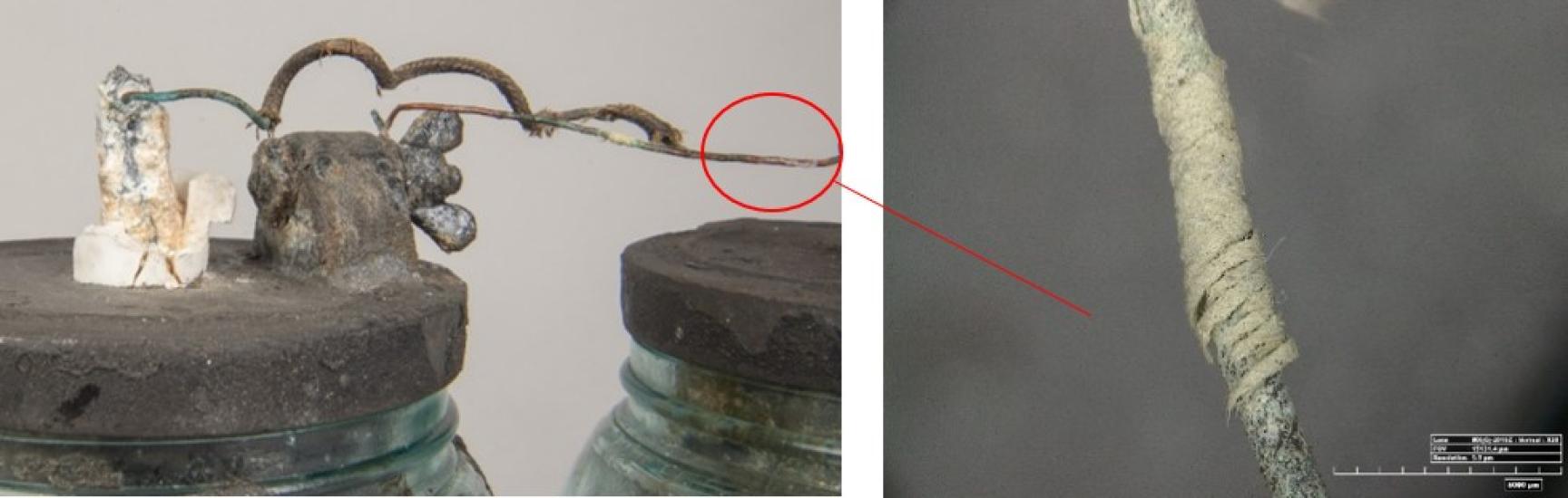 A closeup of a top of a jar with old wiring compared to another image of a closeup of the wiring.