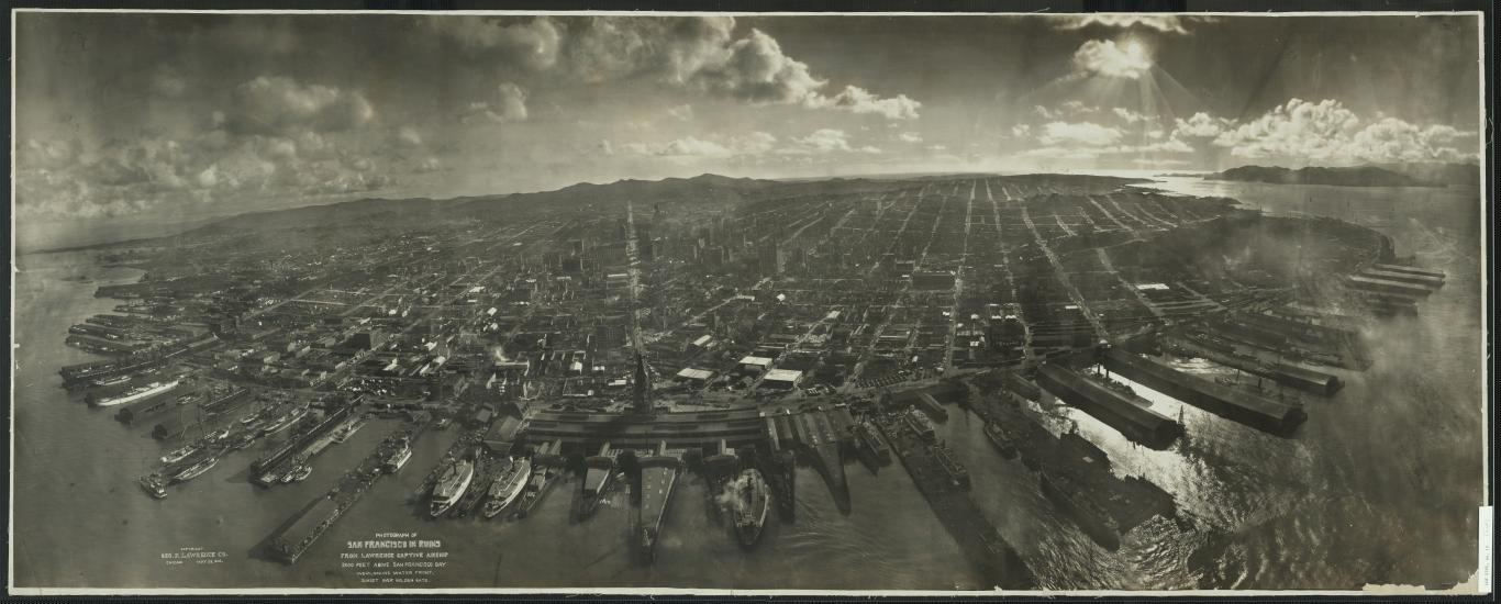 An aerial view of the city of San Francisco in ruins after an earthquake in 1906.