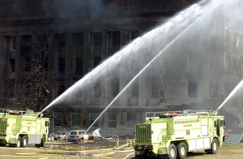 Foam 331 and Foam 335 from Ronald Reagan Washington National Airport’s Station 301 spray water on the impact site after expending their foam.