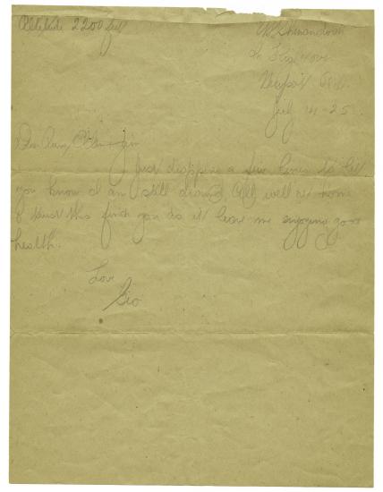 A weathered letter addressed to Aunt Ellen and Jim written by George Schnitzer, Jr. 