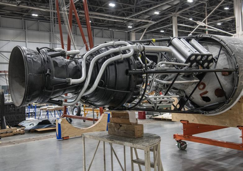 Propulsion system of a rocket inside a restoration facility.