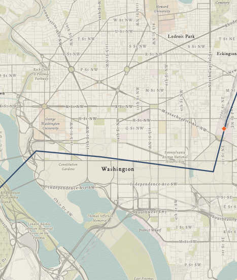 A map showing Washington, D.C., a line marks locations in the city that the Shenandoah flew over. 