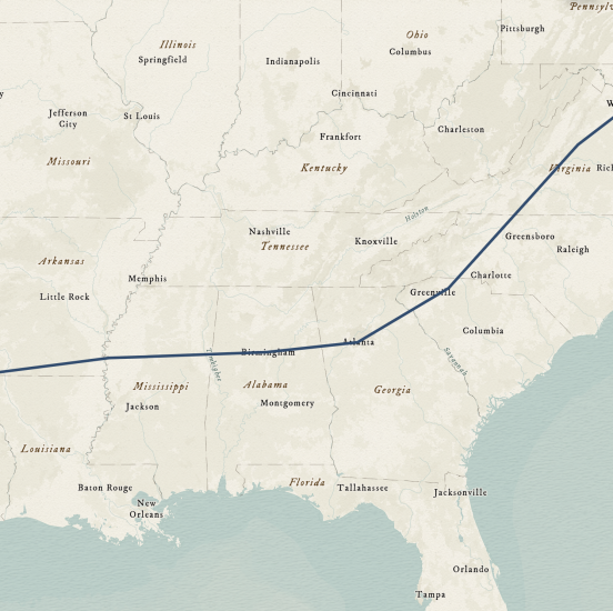 A map showing the southeastern part of the United States. A line marks the general route the USS Shenandoah took through this area of the country, passing through Atlanta, Birmingham, and Greenville, Louisiana.