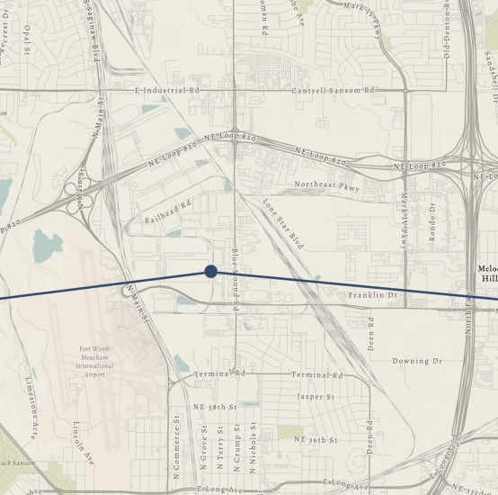 A map showing part of the city of Fort Worth, Texas. A blue dot marks the historic location of an airship mooring mast.