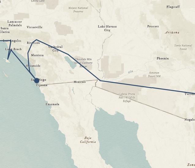 A section of a map showing the southern part of Arizona and California. A line follows the general route of the USS Shenandoah, passing through Yuma, Arizona before heading toward San Deigo.