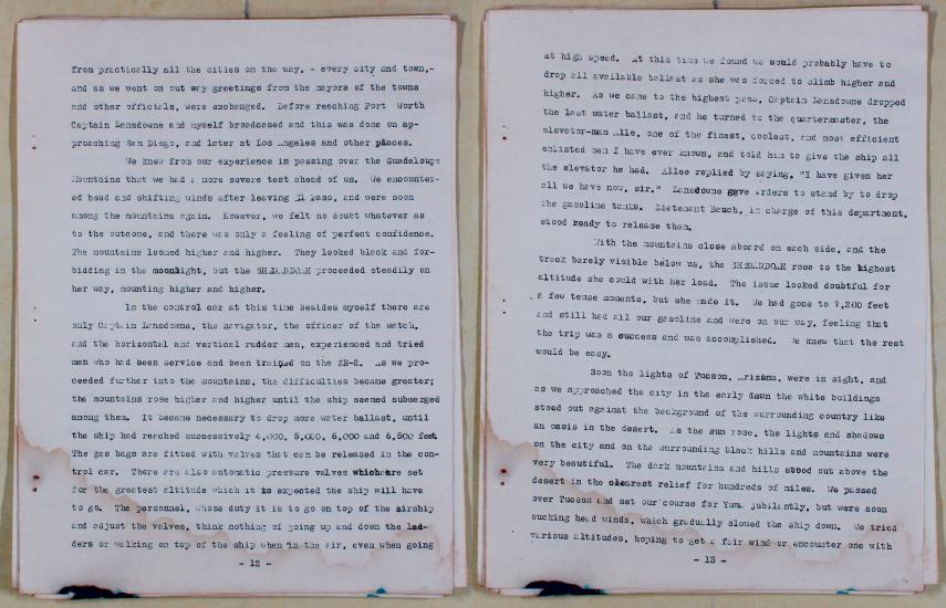 Two type-written pages next to each other. They detail the portion of the Shenandoah's journey through the mountainous west of the United States.