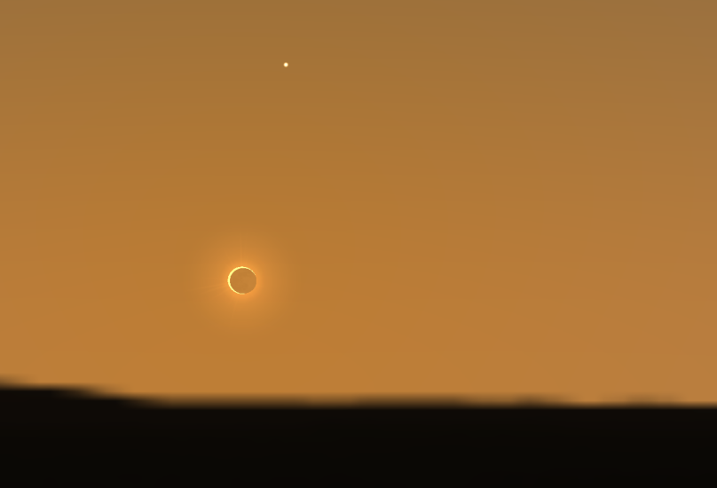 Simulated view of an annular solar eclipse in an orange sky with a dark horizon below and the bright dot of a planet above the eclipsed Sun.