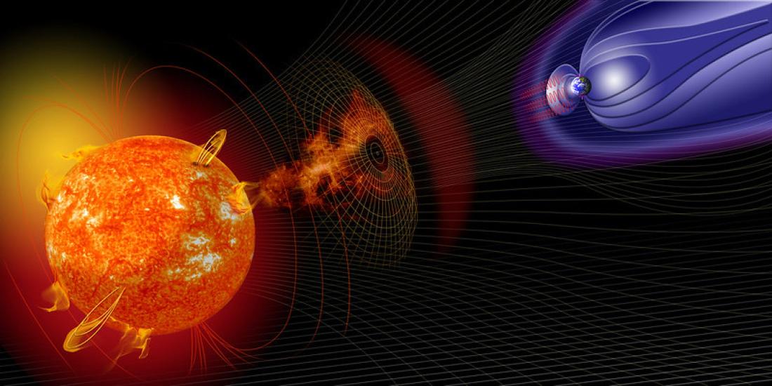 Artist illustration the Sun almost impacted by a wave of signals.