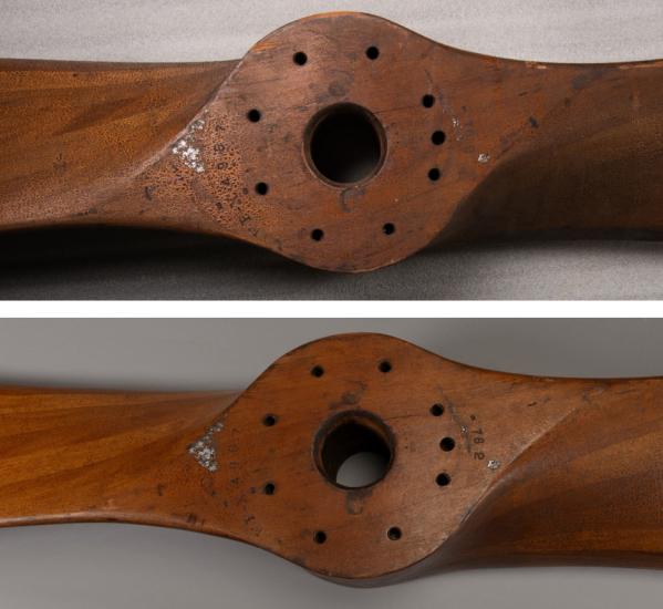 A top and bottom comparison. On the top is the middle of a wooden propeller with some flaking. On the bottom, it is refinished.