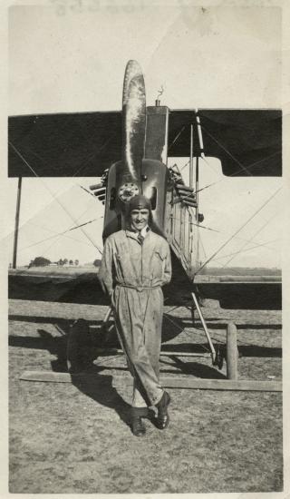 Leon leaning on the propeller of the San Fernando school’s Standard J-1 in 1920.