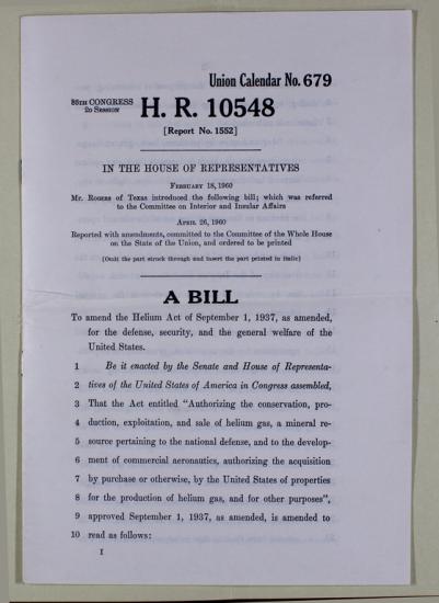 An image of a congressional bill related to the conservation, exploitation, production, and sale of helium gas.