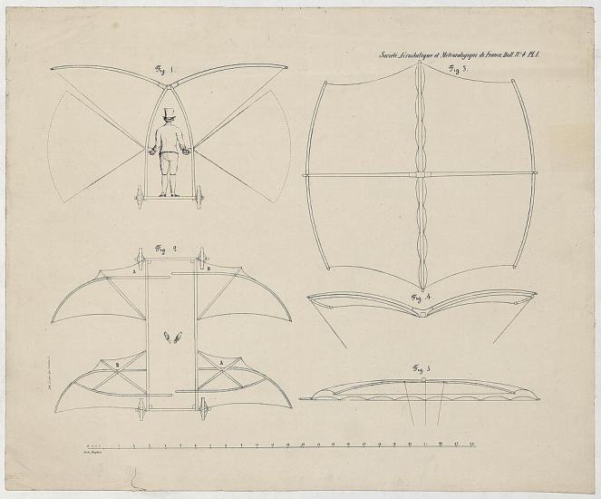 Four drawings showing the design of a winged apparatus that a human can ride on and take flight from.