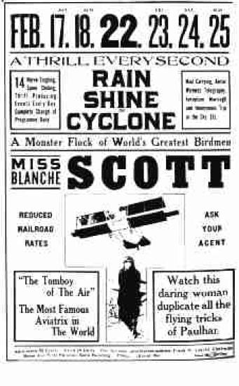 A poster with text that reads "Miss Blanche Scott" with a picture of a plane and a woman. 