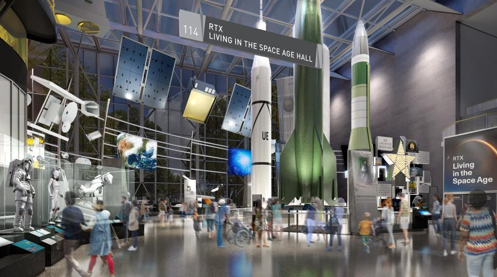 A rendering of an exhibition in a museum that features multiple full scale rockets and other objects related to the space age.