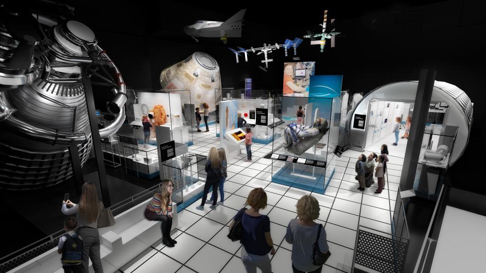 A rendering of a museum exhibition that features object related to life in space. 