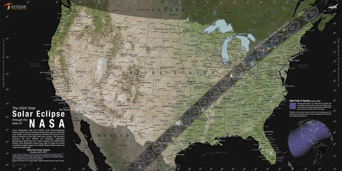 A map showing the path of totality for the 2024 solar eclipse. The path of totality stretches from Texas to Maine. 