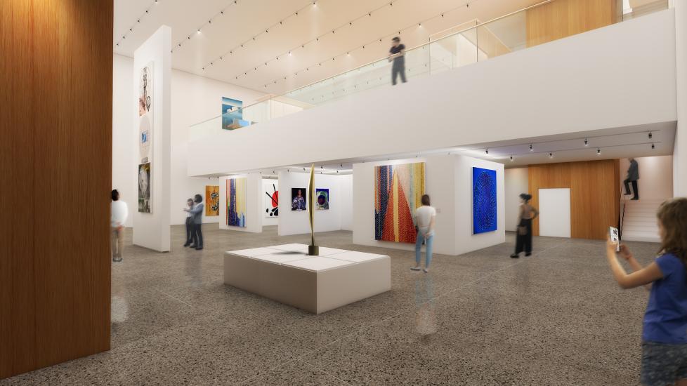 A rendering of a museum gallery that has different types of art related to aviation and space on display.