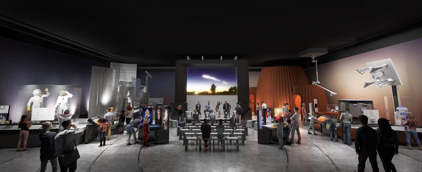 A rendering of a museum exhibition with benches at its center in front of a stage. On the left and right are different objects and displays related to the future of space exploration.