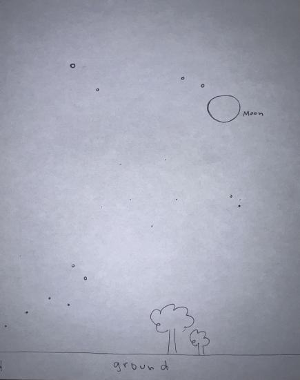 A piece of white paper with circle markings on it. One big circle is marked as the Moon. There are other circles and dots of varying sizes that represent stars and other bright objects in the sky. A line is drawn at the bottom of the page, with the word "ground" underneath the line, and some trees are also drawn on the line.