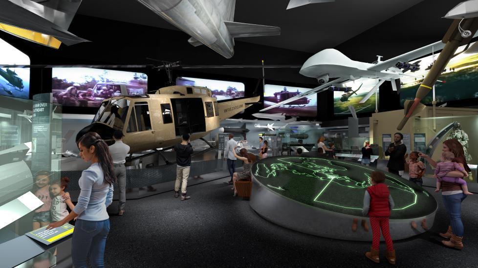 A rendering of a museum gallery that features modern military aviation technology such as drones and helicopters.