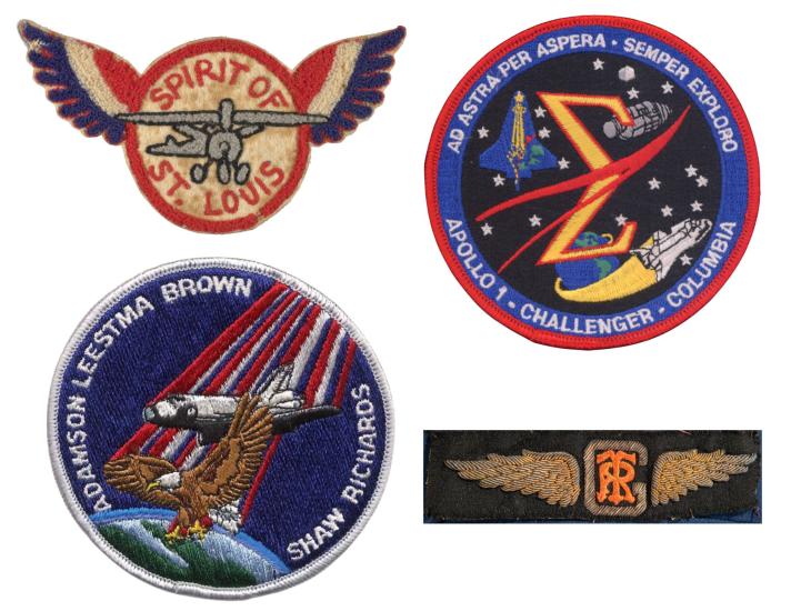 Four patches from space missions or historic flights. 