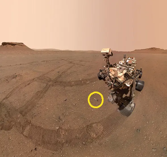 A large robotic rover leaves tracks in the red Martian desert, under a red-tinted sky. The rover has a large rectangular body supported by several wheels, emrging from the body is a camera on a pole, giving it a neck and head look. In this image, the camera is pointed to the ground where a small tube is on the ground behind the rover. The tube is highlighted by a superimposed yellow circle. 