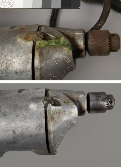Closeup side by side views of the front of a drill.