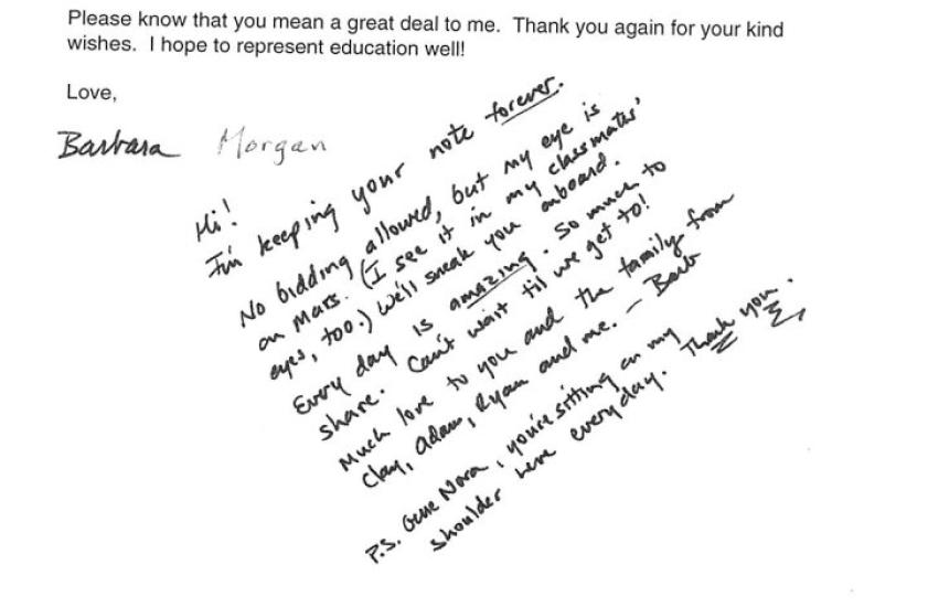 A letter that reads "Please know that you mean a great deal to me. Thank you for your kind wishes. I hope to represent education well." Followed by a handwritten note.