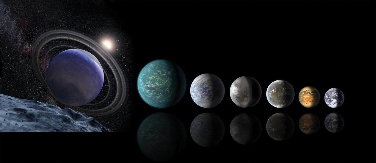 An illustration depicts several planets of varying colors and sizes that might have, with Earth on the far right of the drawing. The planets are arranged from largest to smallest, with rings around the first. 