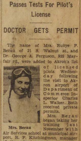 A newspaper clipping, yellowed with age. The heading reads "Passes Tests for Pilot's License, Doctor Gets Permit." On the left is a picture of a woman wearing coveralls, a leather pilot's cap with goggles on her forehead. 