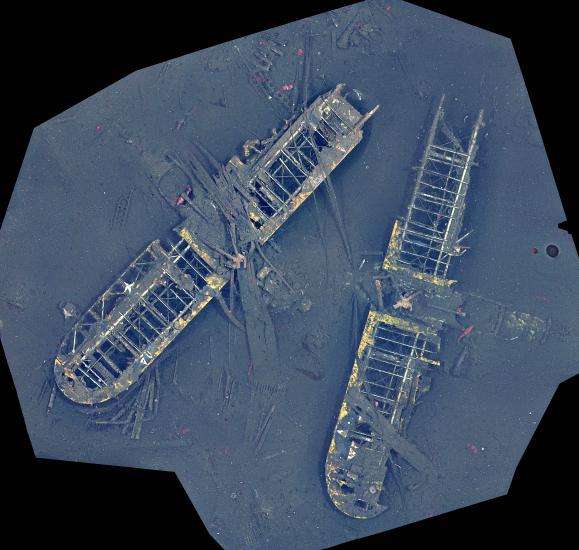 Wreckage of two aircraft on the bottom of the ocean.