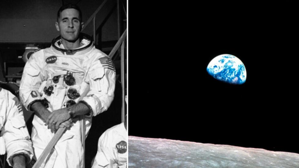 Side by side pictures. On the left is Bill Anders in Astronaut suit and on the right an image of the Earth rising from the perspective of the Moon.