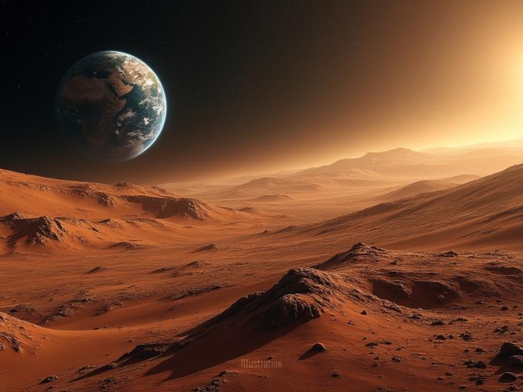 A digital artwork depicting a barren, orange-red Martian landscape with rocky terrain and dunes under a hazy sky. In the background, a large, detailed Earth rises above the horizon, suggesting a view from Mars with Earth visible in its sky