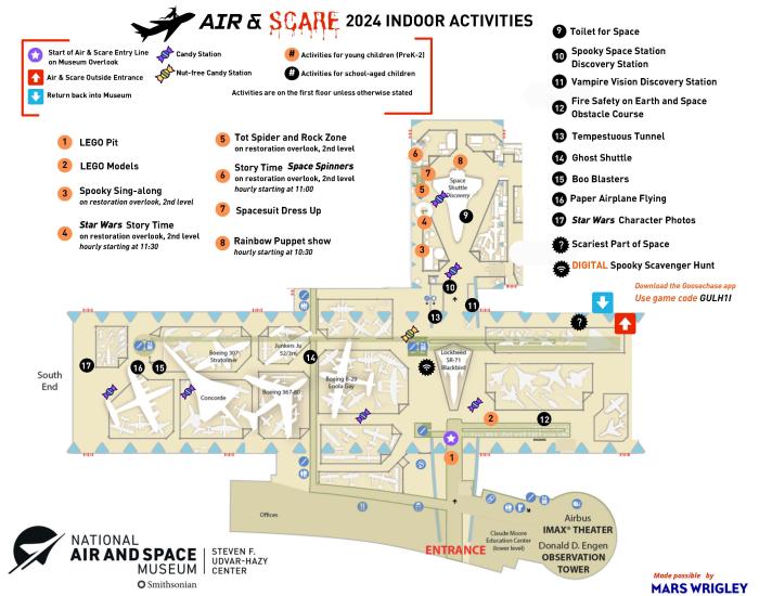 A map showing activities inside the Steven F. Udvar-Hazy Center at Air & Scare. 