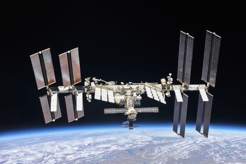 The International Space Station orbits the Earth.