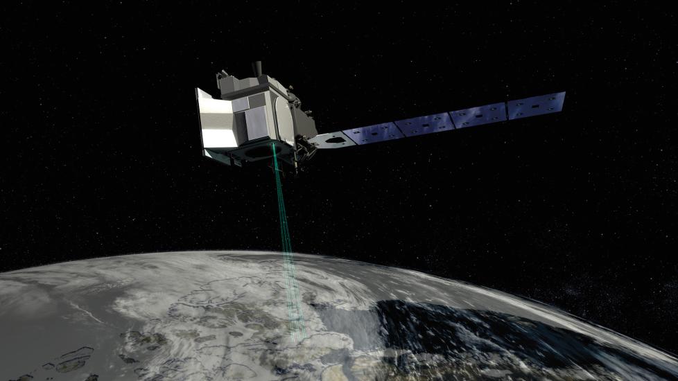 A digital rendering of a rectangular gray satellite in orbit around Earth. The satellite is emitting a dotted blue line toward the surface of the Earth.