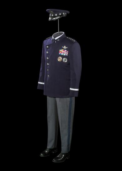 A military space themed uniform pictured against a black backdrop.